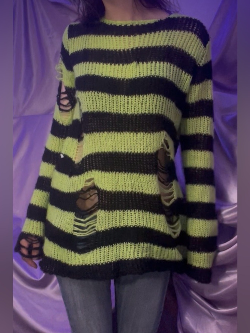 Y2k Distressed Lime and Blck Striped Knit Sweater - Fairy Grunge Emo vibe